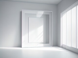 Empty white room with empty frame, window and white wall. 3D rendering.