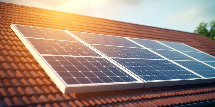 solar panels under bright sunlight against blue sky background. renewable electrical energy concept. Generative AI