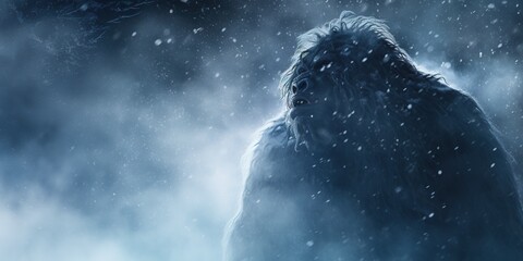 Within a dense snowstorm, the silhouette of a Yeti emerges, its massive form barely discernible among swirling snowflakes, embodying the elusive nature of this legendary being, copy space - obrazy, fototapety, plakaty