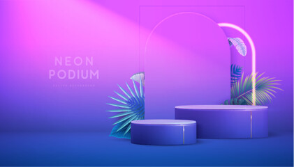 Fluorescent neon showcase background with 3d podium and tropic leaves.  Summer nature concept. Vector illustration