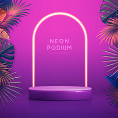 Fluorescent neon showcase background with 3d podium and tropic leaves.  Summer nature concept. Vector illustration