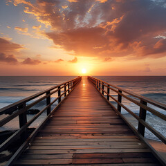 Fototapeta na wymiar sunset at the pier sea, pier, sunset, water, beach, bridge, sky, jetty, lake, landscape, wooden, nature, wood, ocean, 
