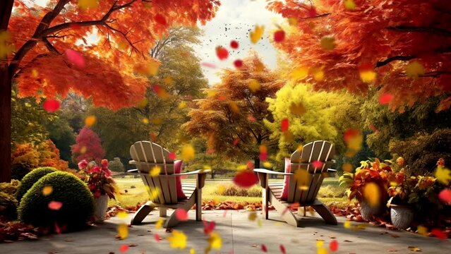 autumn leaves in the park, seamless looping video background animation, cartoon anime style