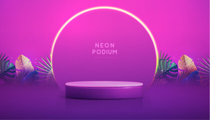 Fluorescent neon showcase background with 3d podium and tropic leaves.  Summer nature concept. Vector illustration