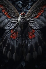 A close-up portrait of Mothman, the intricate patterns on its wings visible, and its intense, red eyes focused directly at the viewer, inviting them into its mythical world