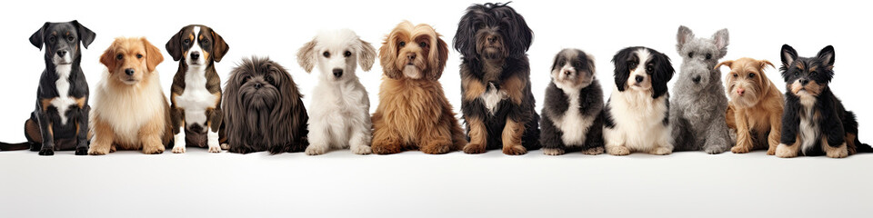 Group of sitting dogs of different breeds on a white background. Copy space, ai generative
 - obrazy, fototapety, plakaty