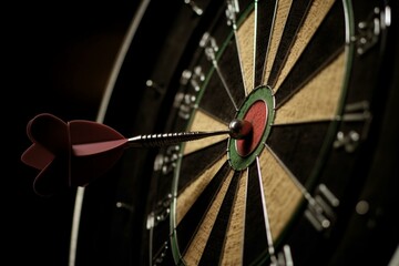 Two darts in bullseye of dartboard, close-up. Generative AI