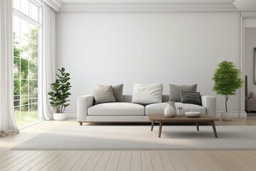 Spacious white living room with a gray sofa, wooden table, carpet, small tree, and wall for customization. Generative AI