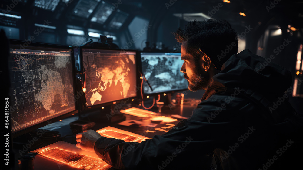 Poster Soldier working on a tactical screen inside the command center.