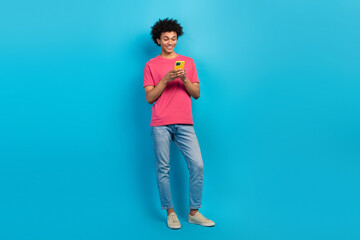 Full body photo of attractive young man instagram twitter facebook telegram dressed stylish pink...