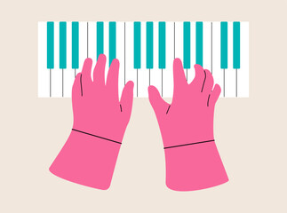 Two hands plays on piano. Colorful vector illustration