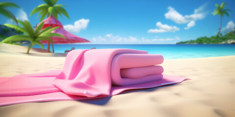 A pink towel on a sandy sea beach. A pink fabric roll lies on the sand near the ocean shore. A beautiful bedspread on the beach. Travel card bg cover traveling. Pink beach towel - obrazy, fototapety, plakaty