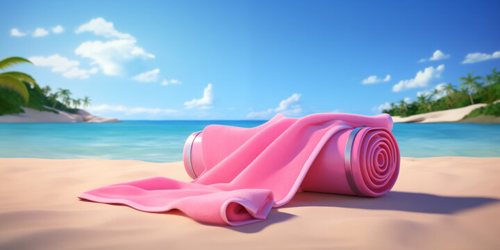 A pink towel on a sandy sea beach. A pink fabric roll lies on the sand near the ocean shore. A beautiful bedspread on the beach. Travel card bg cover traveling. Pink beach towel