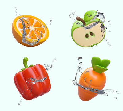 3d realistic orange, green tasty apple, carrot and bell pepper with splash of crystal water. Choose vegetables and fruits. Natural good food. Vector illustration