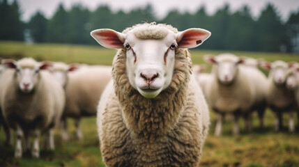 Obraz premium Mouton dans son enclos à la ferme, focus sur un animal avec d'autres moutons dans le fond.