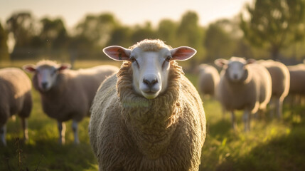 Mouton dans son enclos à la ferme, focus sur un animal avec d'autres moutons dans le fond.