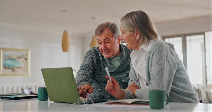 Senior couple, home and laptop for budget, financial assets and insurance policy information. Happy man, woman and check growth of investment portfolio, retirement savings or banking loan on computer