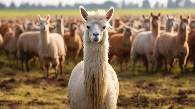 Lama dans un champs, focus sur un animal avec d'autres lamas dans le fond.
