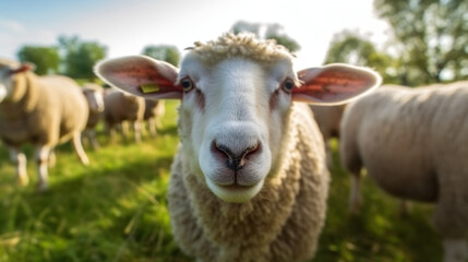 Fototapeta premium Mouton dans son enclos à la ferme, focus sur un animal avec d'autres moutons dans le fond.