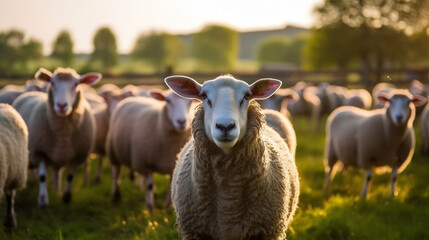Mouton dans son enclos à la ferme, focus sur un animal avec d'autres moutons dans le fond. - obrazy, fototapety, plakaty