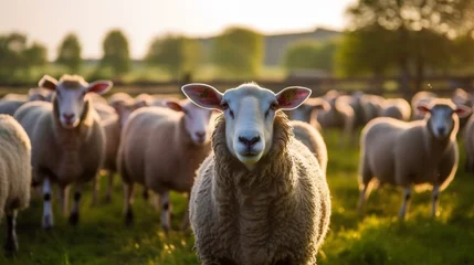 Fototapeten Mouton dans son enclos à la ferme, focus sur un animal avec d'autres moutons dans le fond. © MATTHIEU