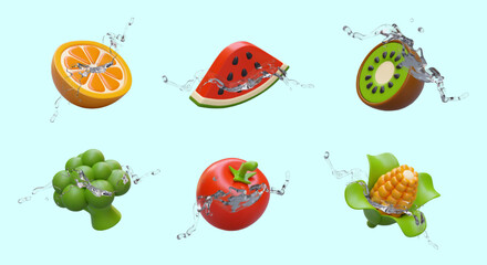 Set of realistic vegetables and fruits in water splashes. Concept of environmentally friendly natural ingredients. Orange, watermelon, kiwi, broccoli, tomato, corn. Color vector illustration
