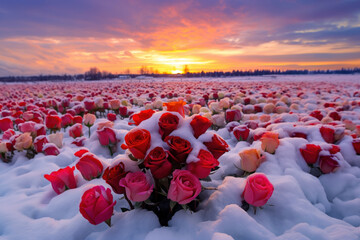 décor irréel et romantique d'un champs de rose en fleur sous une épaisse couche de neige en hiver - obrazy, fototapety, plakaty