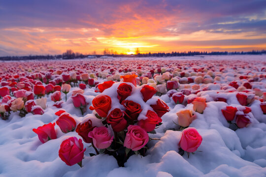 d&eacute;cor irr&eacute;el et romantique d'un champs de rose en fleur sous une &eacute;paisse couche de neige en hiver