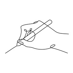 The hand draws a simple one-line drawing with a stylus. Vector graphics symbol idea