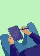 A guy designer draws with a stylus on a tablet. Vector graphics flat graphics with stroke. View from above
