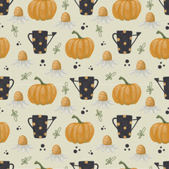 Fototapeta premium Hand-drawn seamless pattern with pumpkins, watering can chorna, chamomile.