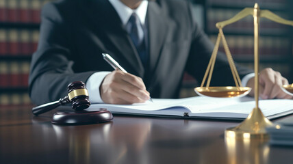 Obraz premium Close up lawyer businessman working on a documents. Legal law, advice and justice concept.