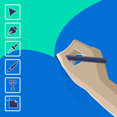 Hand draws with a stylus on the display of a design program. Vector flat illustration