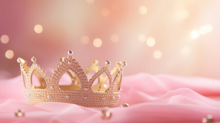 Princess birthday party: golden bedazzled princess crown on a pink tulle fabric with golden bokeh background