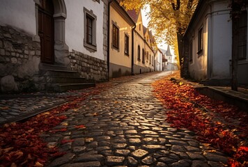 Quaint Cobblestone Street with Red Vine in Baroque Style