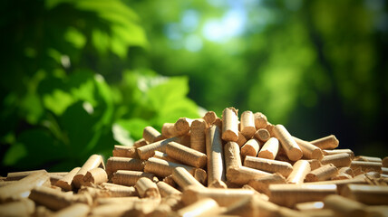 Organic wood pellets over green outdoor background.