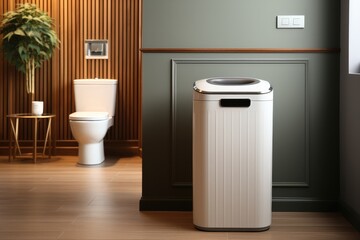 Trash can in modern toilet at home. - obrazy, fototapety, plakaty