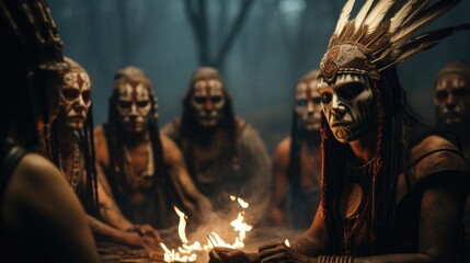 Tribe wearing mask sitting around bonfire, Ancient times. - obrazy, fototapety, plakaty