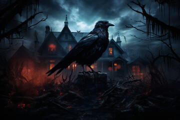 Horror movie poster with a raven against scary building at night