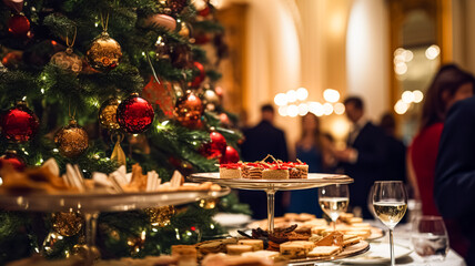 Christmas holidays and New Year celebration, dinner table and guests at a luxury English styled restaurant or hotel, Christmas tree decoration, holiday party and event invitation