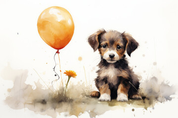 Beautiful black and white puppy with soft watercolor yellow balloon
