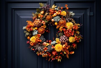 Fototapeta na wymiar Large Autumn Wreath with Colorful Flowers