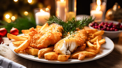 Fish and chips for winter holiday dinner, traditional British cuisine recipe in English country...