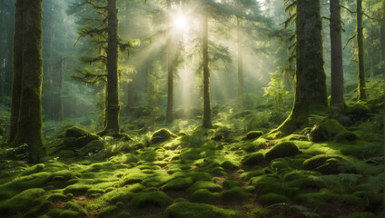 photo of a green rainforest with coniferous trees, moss on the ground, rays of the sun passing through the treetops
