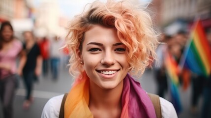 Fototapeta premium Beautiful lesbian woman on LGBT parade.