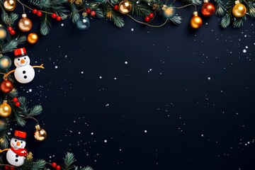 a colorful christmas border with mistletoe, snowman and little lamps tumblr, navy background for flat lay, generative ai