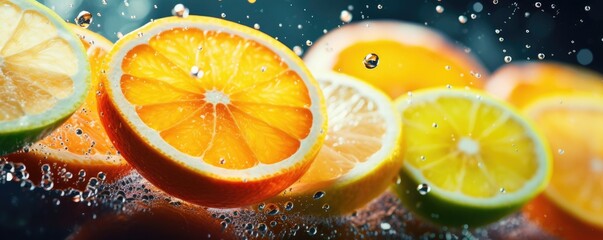 Fresh ripe flowing citrus fruit halfed and cut, healthy food concept panorama. Generative Ai.