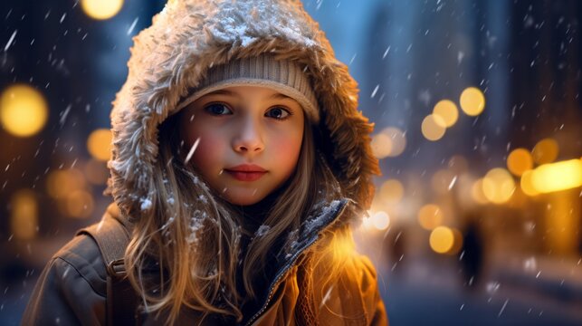 Little Girl Walks in Snow with Christmas Lights