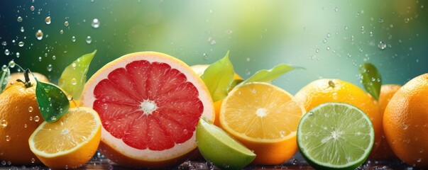 Fresh ripe flowing citrus fruit halfed and cut, healthy food concept panorama. Generative Ai.