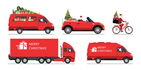Zelfklevend Fotobehang Set of Santa Claus driving a red courier van. © Zentangle